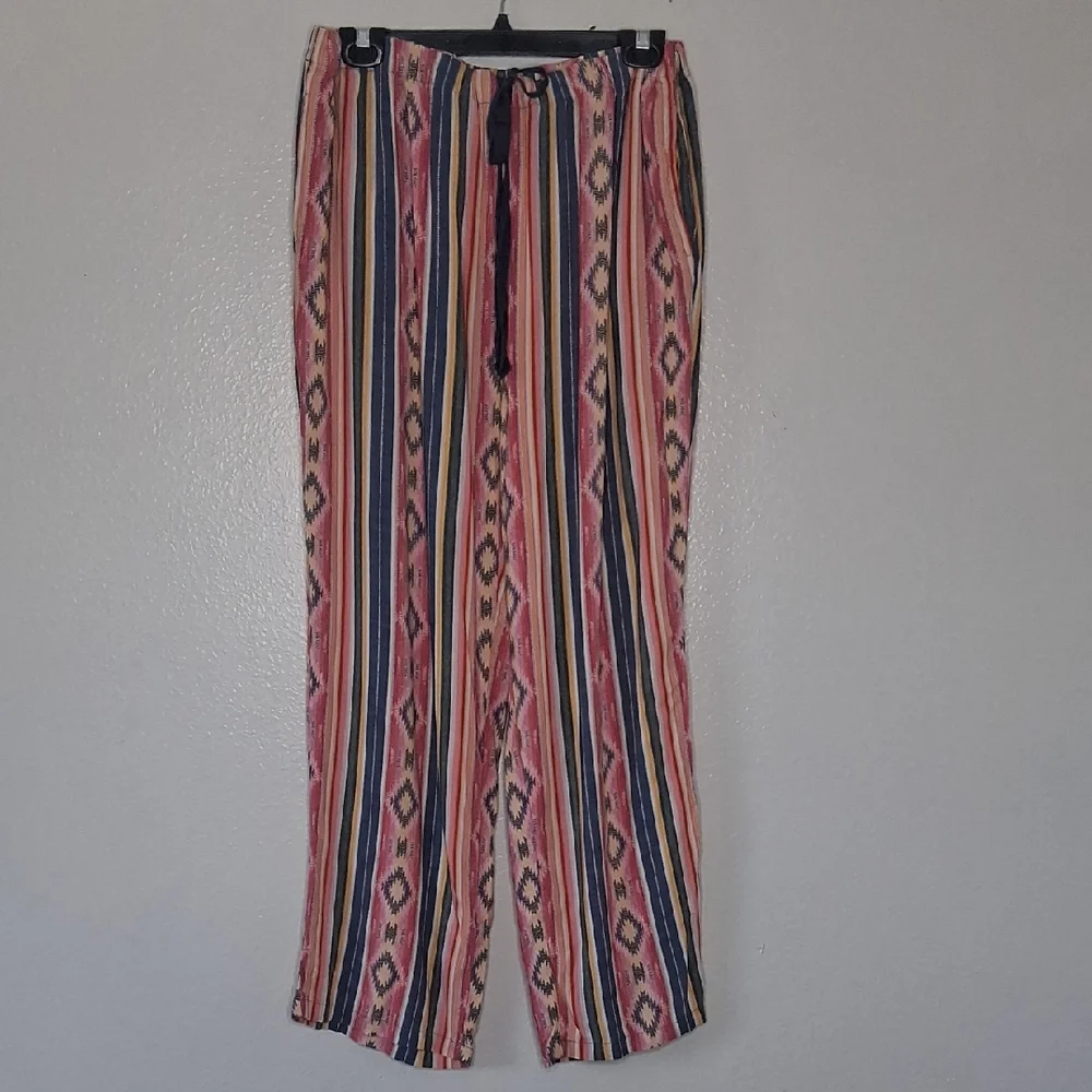Coldwater Creek Southwest Terra Stripe Rayon Pants Wide Leg Multicolor Pockets L